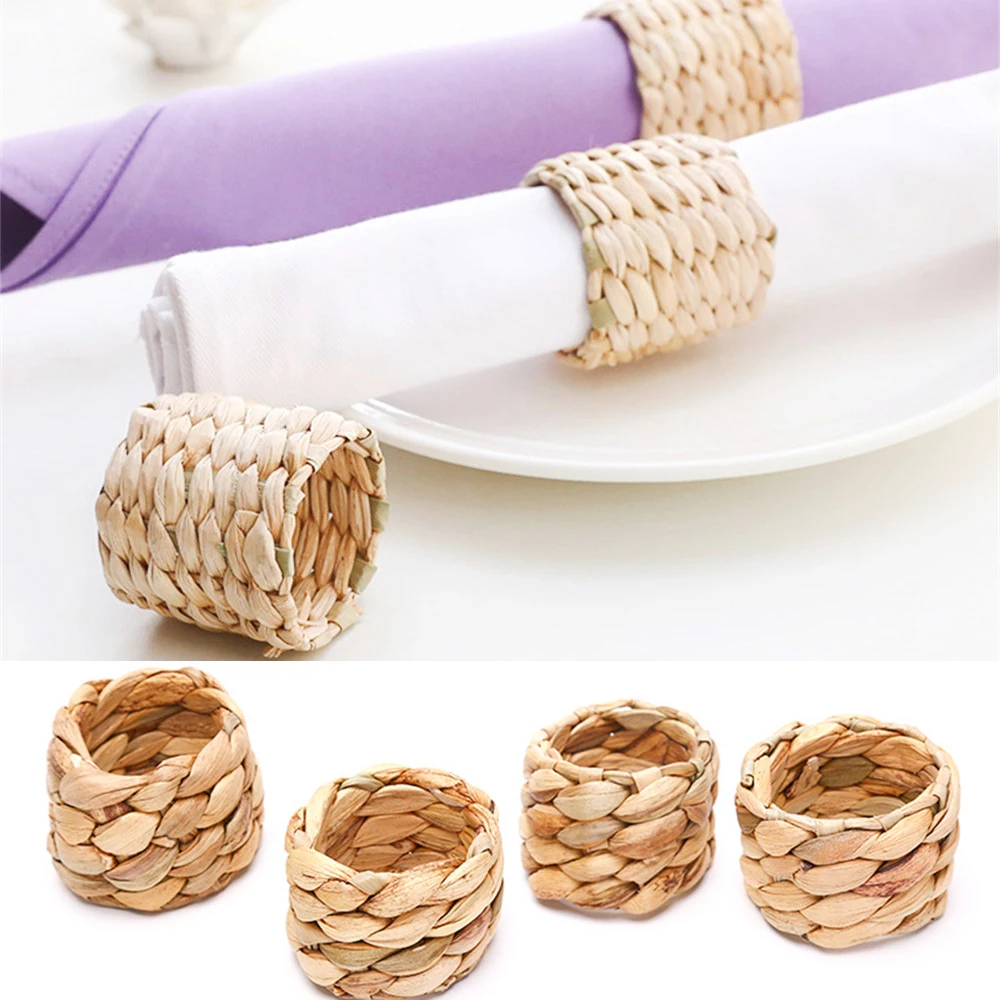 Natural Straw Woven Napkin Holder Water Hyacinth Grass Cloth Ring Towel Buckle Hotel Restaurant Christmas Table Decoration