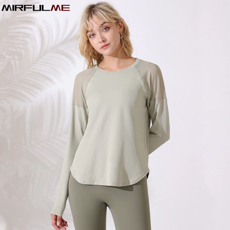 Women Loose Yoga Shirts Long Sleeves Sport T-Shirts Mesh Breathable Running Sweatshirts Quick Dry Gym Fitness Tops Blouse Female