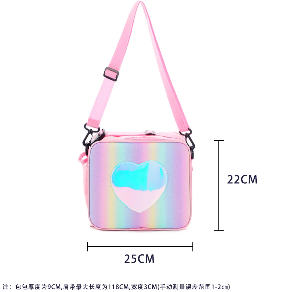 Rainbow Loving Heart Laser Lunch Bag Portable Bento Pouch for Children Thermal Insulated Lunch Box Tote Cooler Bag Shoulder Bag