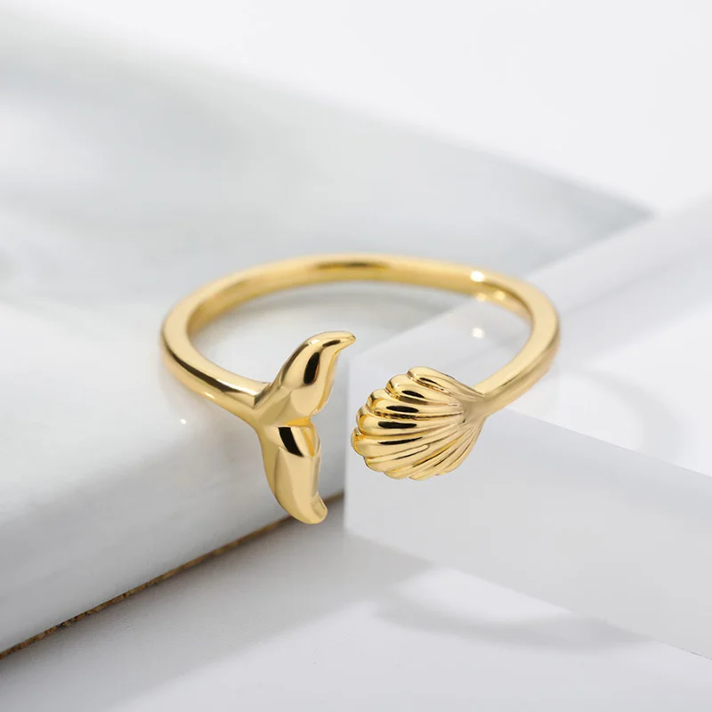 Mermaid Tail And Shell Rings Ocean Theme Jewelry Adjustable Stackable Promise Rings Female Male Accessories Gift