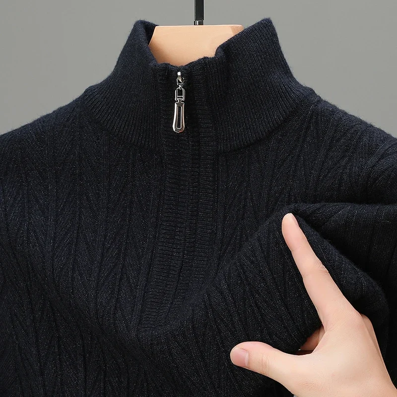 Men's Autumn and Winter Half High Neck Zipper Thick Solid Color Sweater Casual with Warm Knit Sweater Base Shirt