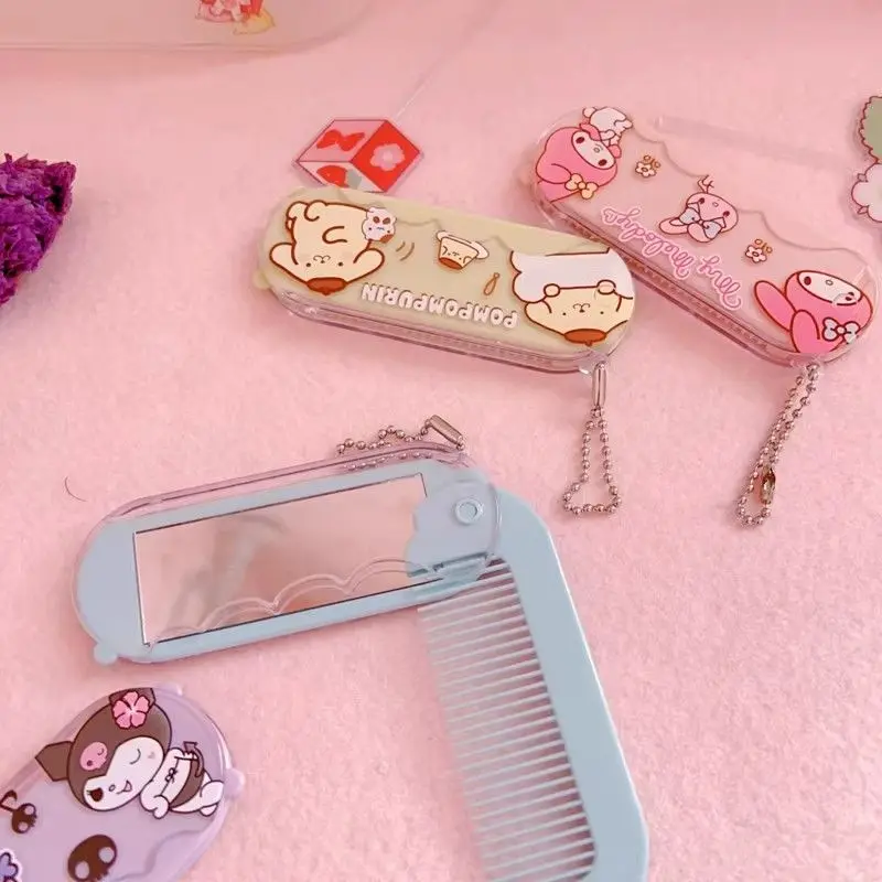 MINISO co-branded Sanrio comb and mirror set outdoor travel portable cute cartoonKuromi Hello Kitty Melody folding makeup mirror