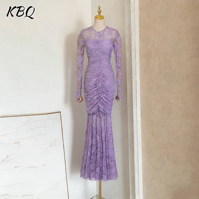 

Женское платье KBQ с плиссировкой и эффектом утяжки, с круглым вырезом, длинными рукавами, драпированным лифом и подолом «рыбий хвост», для официальных мероприятий и ужинов