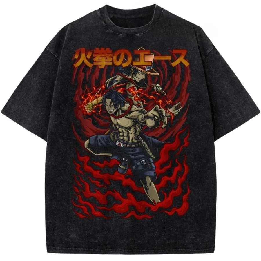 ONE PIECE Portgas D Ace Short Sleeve T-Shirt Anime Manga Vintage Washed Graphic Print Comic Collage Mera Mera No Mi Fire Fist