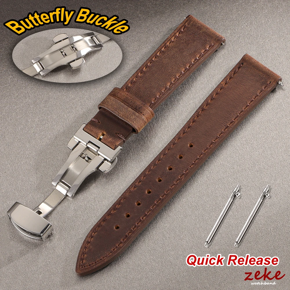 Vintage-Leder-Uhrenarmband mit Schmetterlingsschnalle, Rindslederarmband für Omega 18/19/20/21/22/24 mm, braunes Armband für Seiko