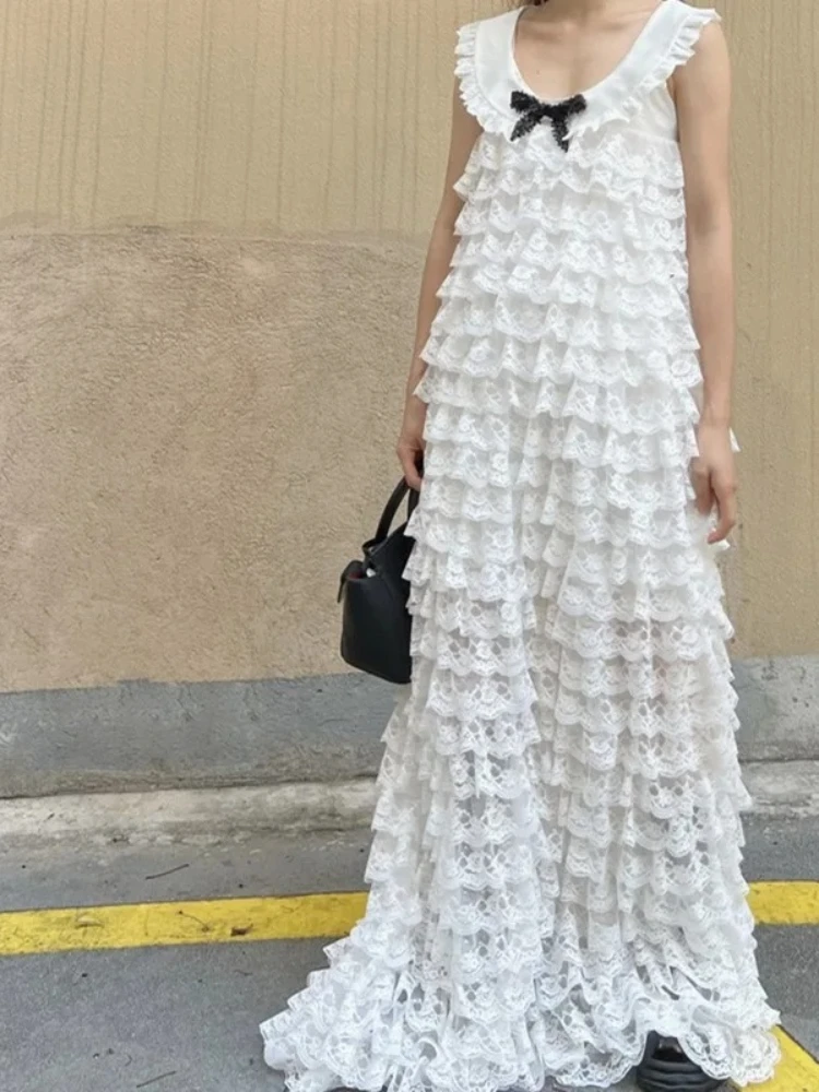 Designer Trendy Princess Sweet Fairy Crew Neck Sleeveless Lace Cake Dress Luxury Brand Same Style