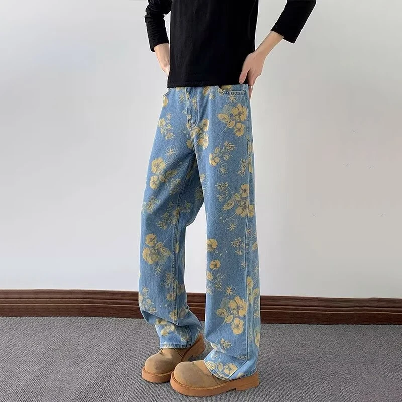 2026 New Men's Flower Tie Dye Printed Denim Pantalones American Streetwear Retr…