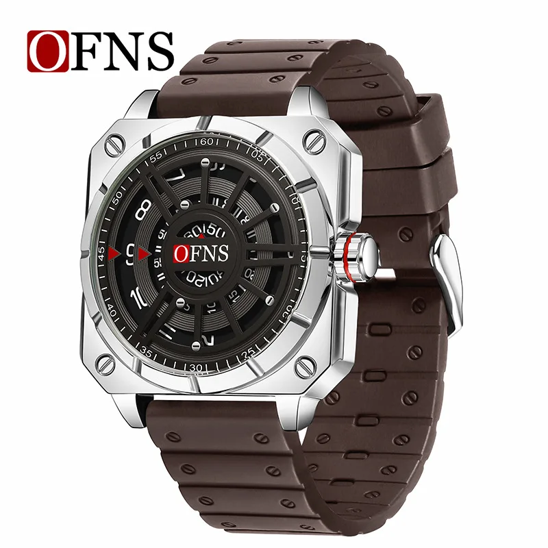 OFNS 8026 Reloj de cuarzo para hombre con esfera grande, creativo, único y fresco, reloj de pulsera con correa de silicona resistente al agua para negocios