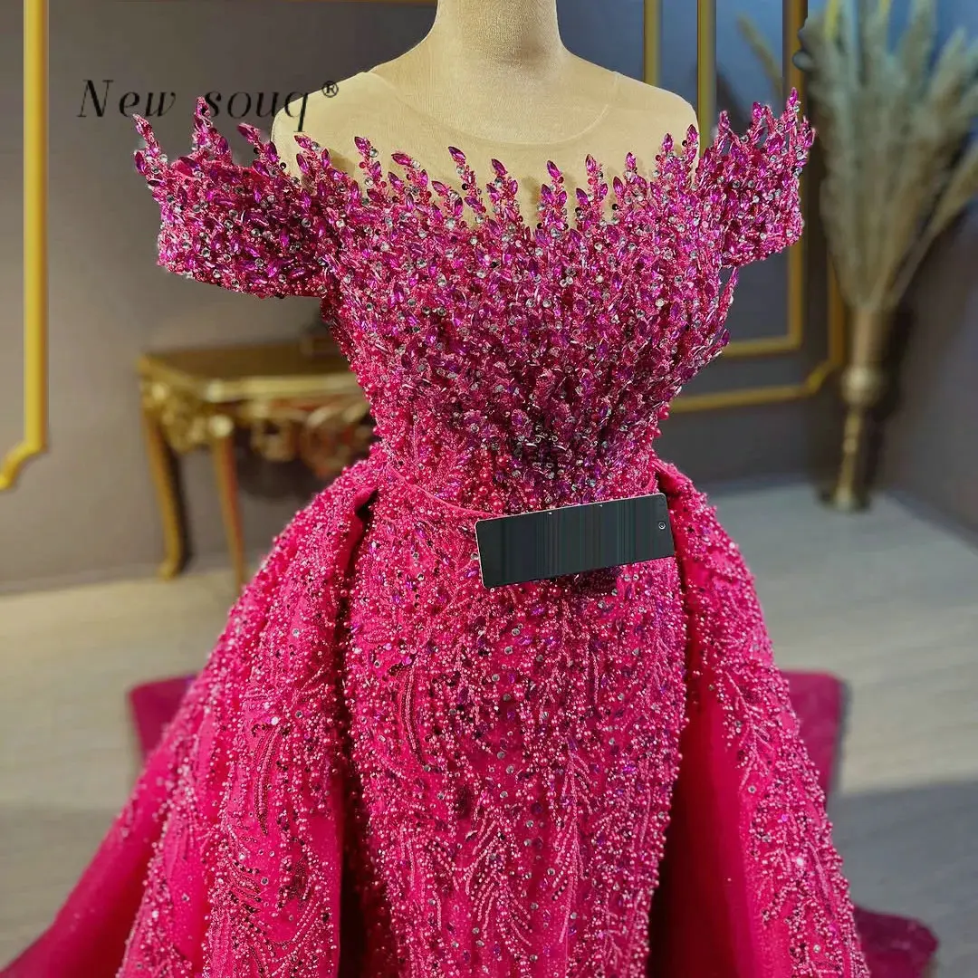 

Ярко-розовое Дубайское роскошное вечернее платье с 3D кристаллами и открытыми плечами с верхней юбкой, индивидуальное арабское платье для официальных мероприятий, свадебное платье