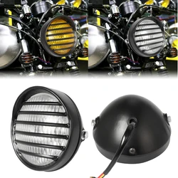 12V Motorcycle Grill Headlight with Bracktes Motorbike Retro Headlights Motor Moto Scooter Vintage Front Light Round Lamp
