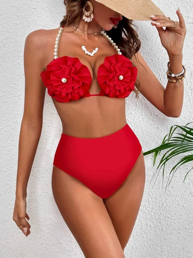 Bikini de cintura alta con flores a la moda y falda, traje de baño para mujer, Bikini Sexy con cuello Halter para mujer, traje de baño para vacaciones, trajes
