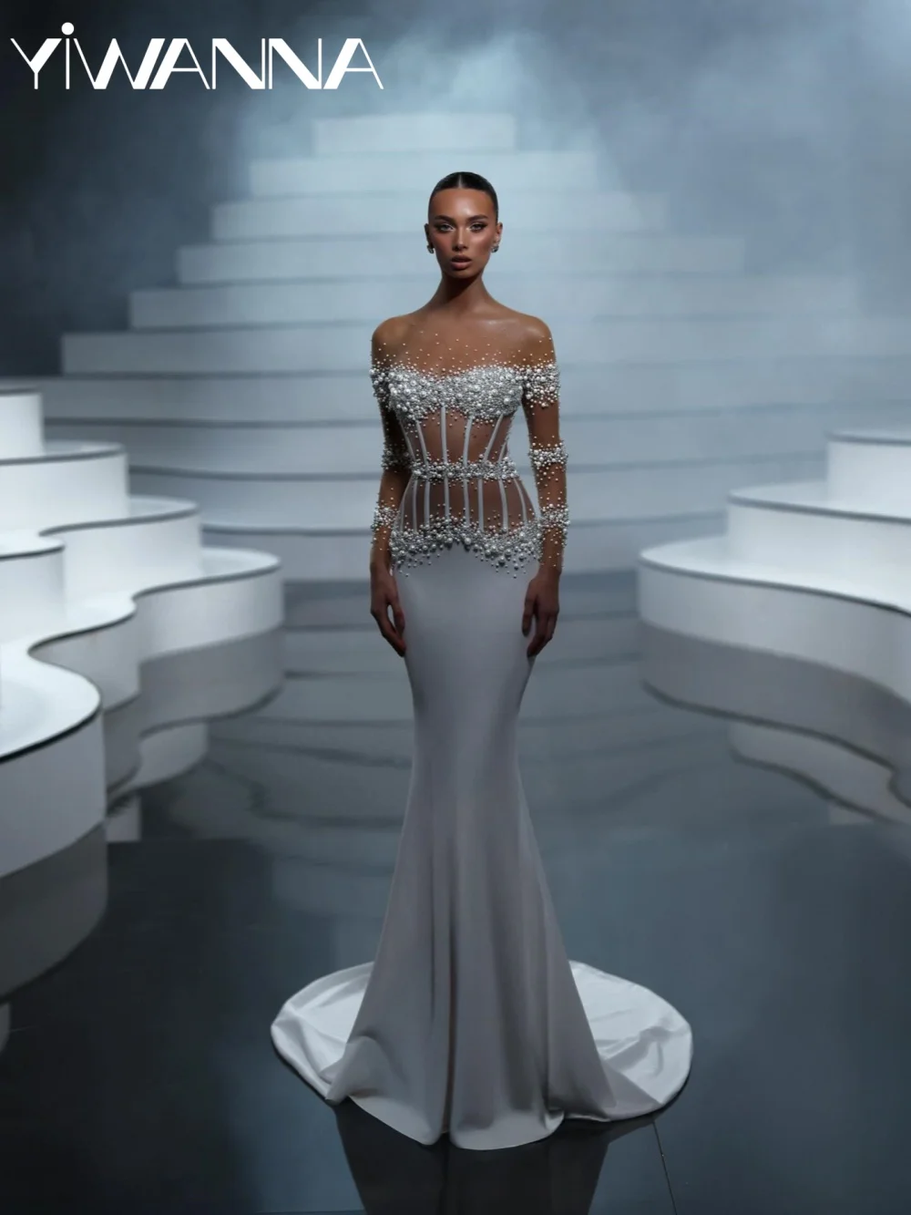 

Sparkling Pearls Satin Mermaid Wedding Dress Dreamy Glamorous Floor-length Bridal Gown Customzied Long Sleeve Dresses For Bride