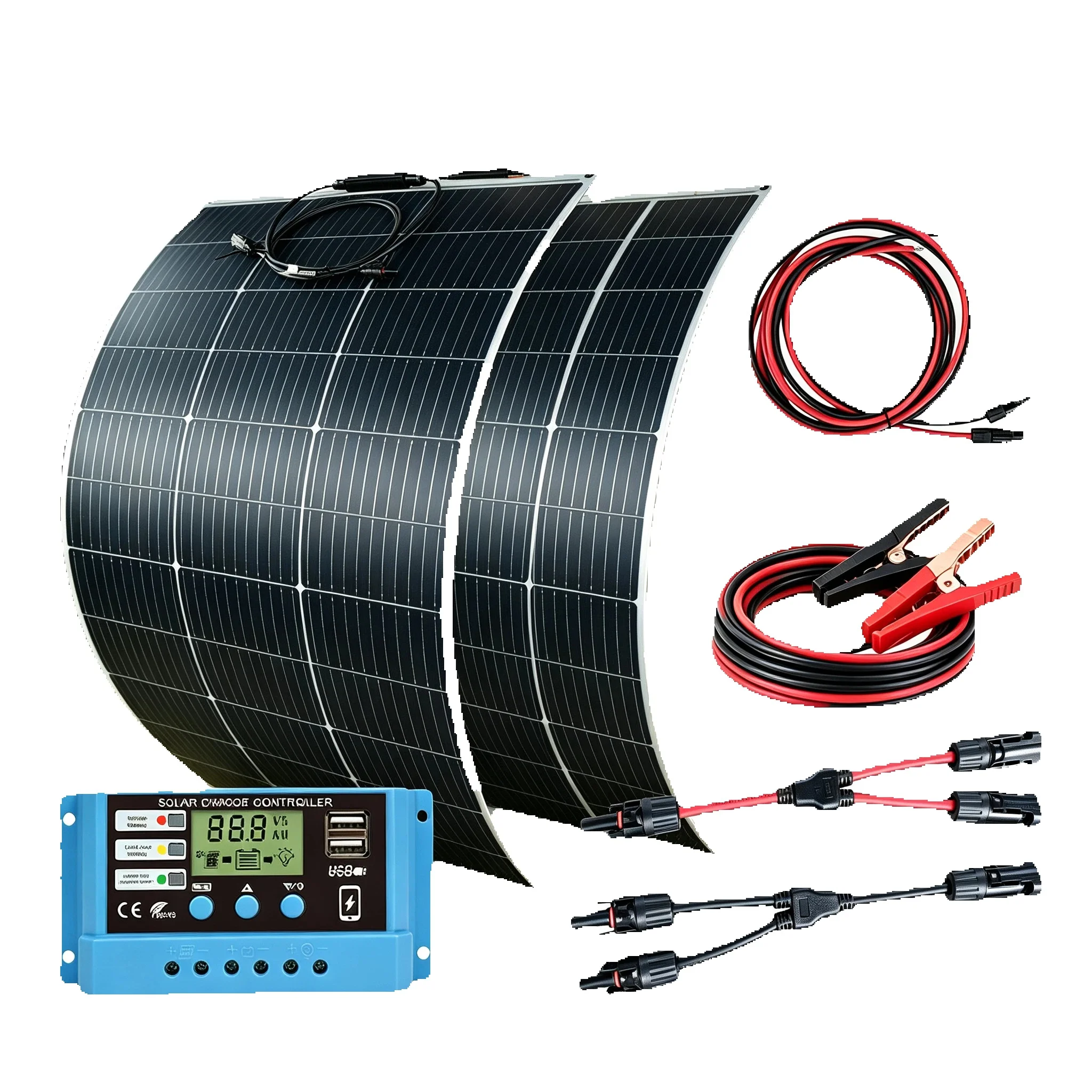 Flexibles Solarpanel-Set 250W, 18V, 2 x 125 Watt Solarmodule mit 20A Solarladeregler, Solarkabel, Solaranlage für Wohnmobile, Komplettset 12V für Batterien, Camping, Boot, IP67 Wasserdicht,
