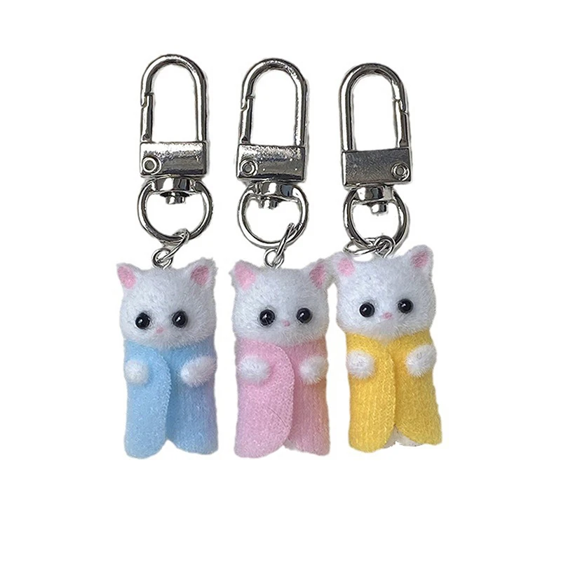 Cute Flocking Cat Keychain Kawaii 3D Kitten Keyring Car Key Holder School Bag Pendant Earphone Hanging Decoration Gifts