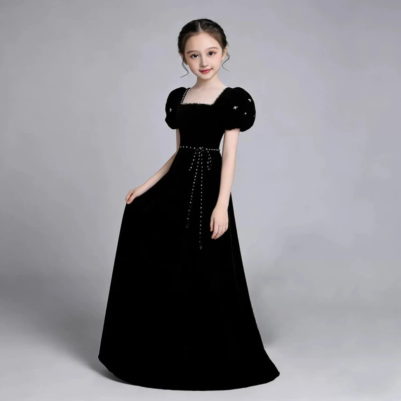 Velvet Short Sleeve Girls Evening Dress VestidoPerformance Costume Children French Style Birthday Model Piano Violin Runway