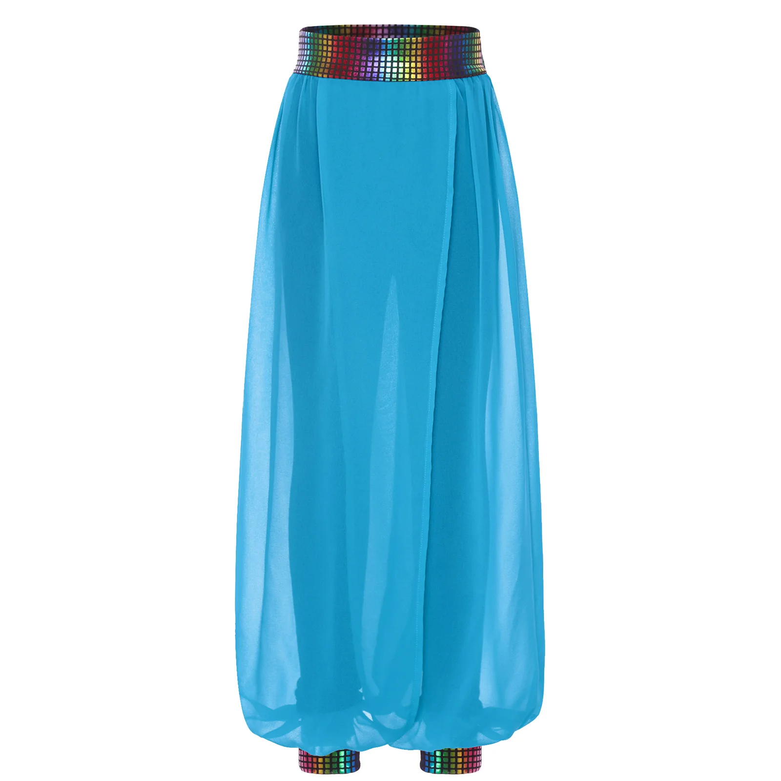 

Kids Girls Chiffon Belly Dance Pants Metallic Elastic Waistband Patchwork Pants for Party Jazz Dance Cheerleading Competition