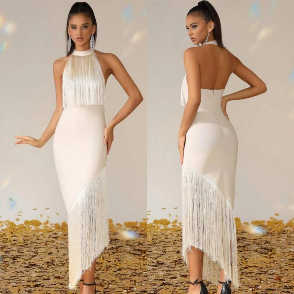 

Customized Exquisite Satin Halter Evening Dress Delicate Sleeveless Prom Dresses Luxury Tassel Backless Special Occasion Gowns