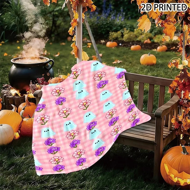 Cute Whimsical Ghost And Floral Print Throw Blanket on Pink White Checkered Background, Cozy Lightweight Halloween Blanket for F