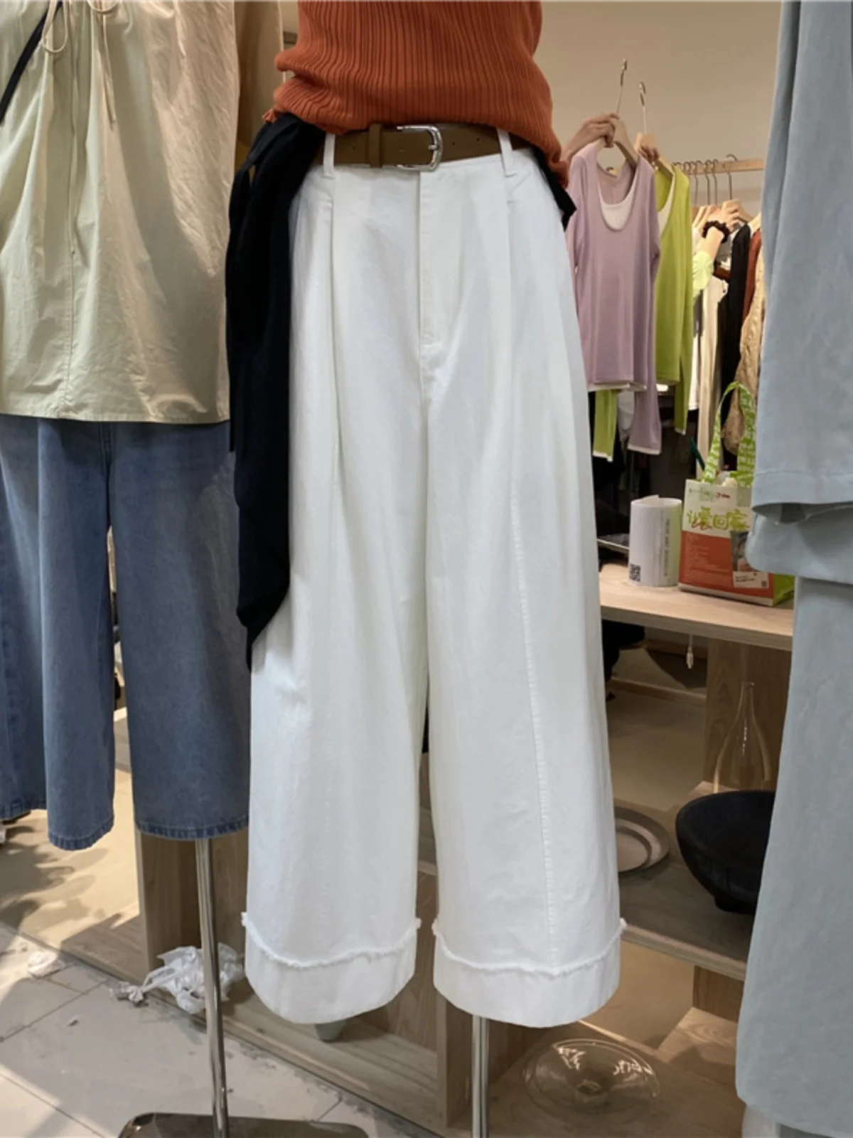 High Waist Wide Leg Pants Women's Spring 2025 Casual Loose Fit Trousers with Frayed Hemline Slimming Straight Floor-Length