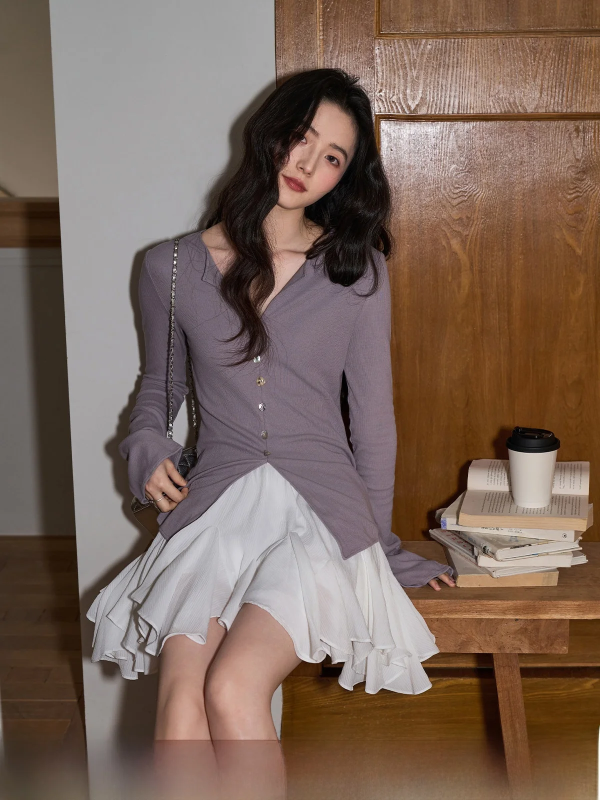 

Slim Fit Long Sve V-Ne Knitted Top Women's Faion Design Asymmetrical Split Spring New Arrival Body a Slimming Top