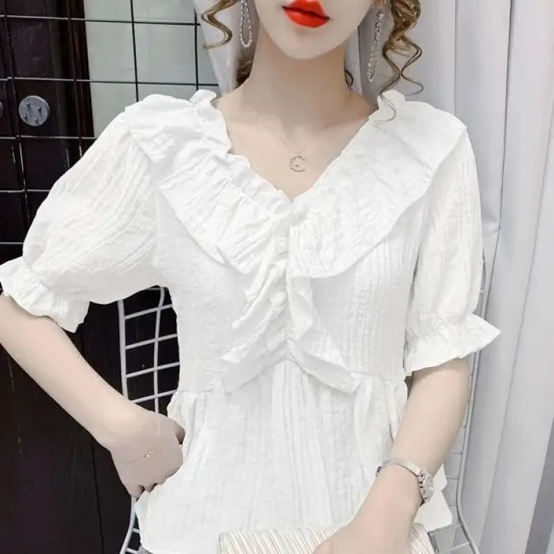 Women Summer Simplicity Loose Pleated Solid Color V-neck Short Sleeve Chiffon Shirt Women Clothes Casual All-match Trend Tops