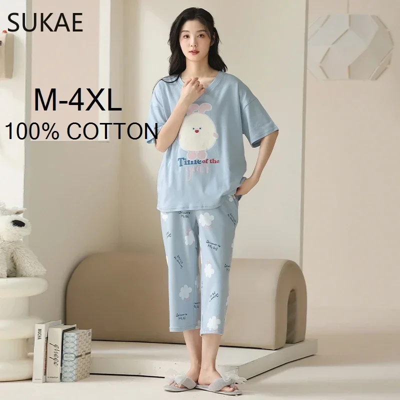 SUKAE 100% Cotton M-4XL Women Pajamas Set Summer Sleepwear Short Knee-length Pants Nightwear Capris Loungewear Cartoon Pijama