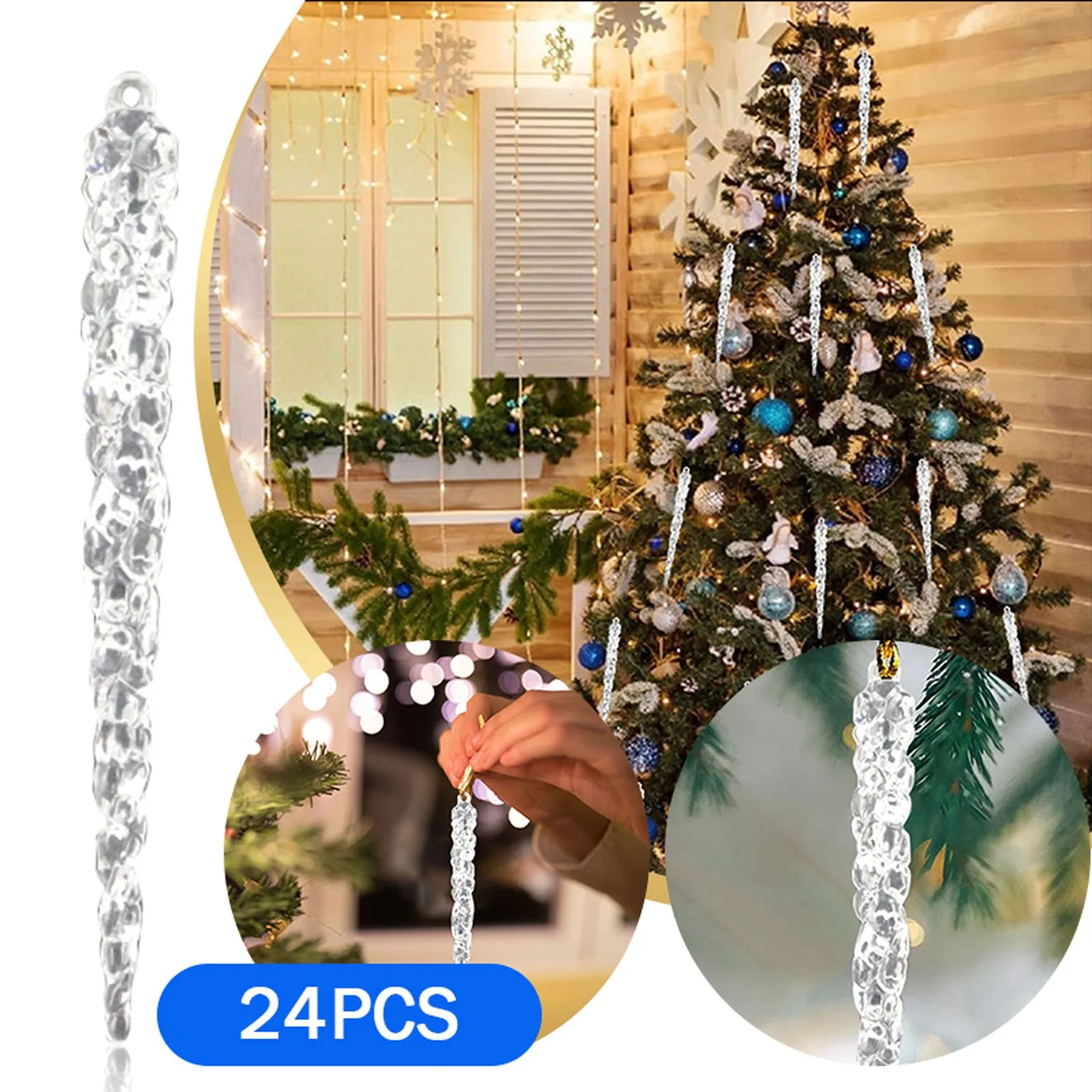 24pcs Christmas Twisted Clear Glass Icicle Xmas Tree Pendant Acrylic Ice Ornaments For Christmas New Year Party Decoration 13cm