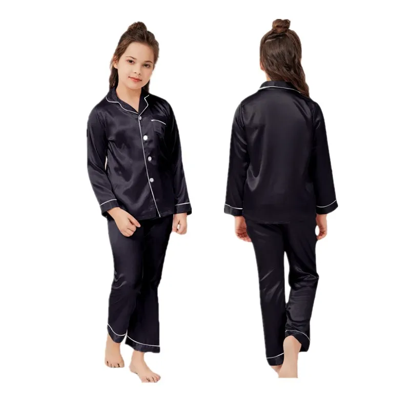 Wholesale Pajamas Little Kids Boys Girls Satin Silk Black Sleepwear Set Button-Down Satin Clothes Long Sleeve Loungewear D65