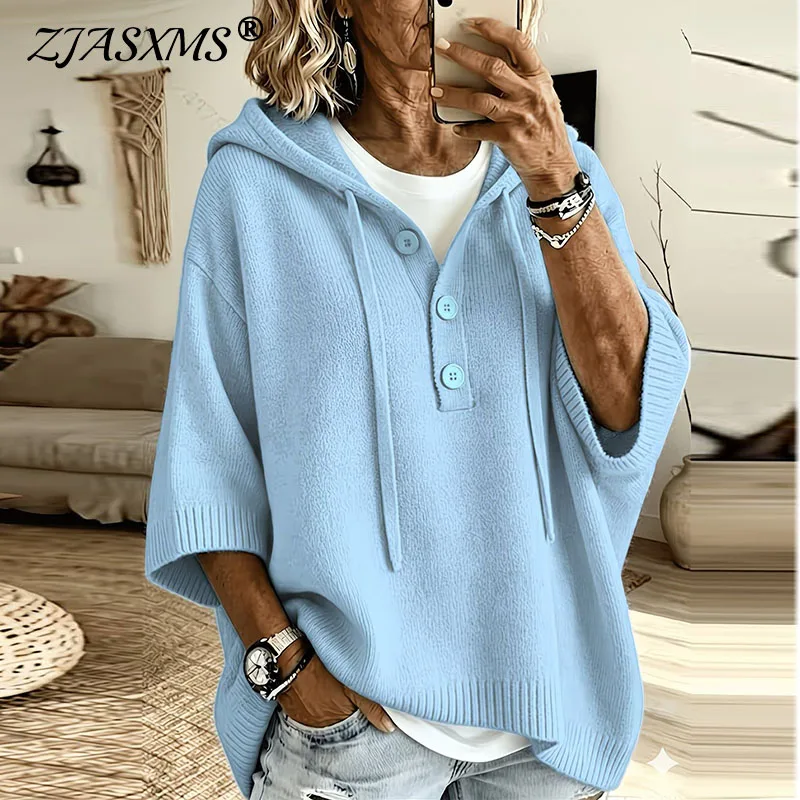 Women Loose Half Sleeve Knit Hoodie Tops Autumn New V Neck Button Drawstring Hooded Sweater Casual Oversized Pullover Streetwear