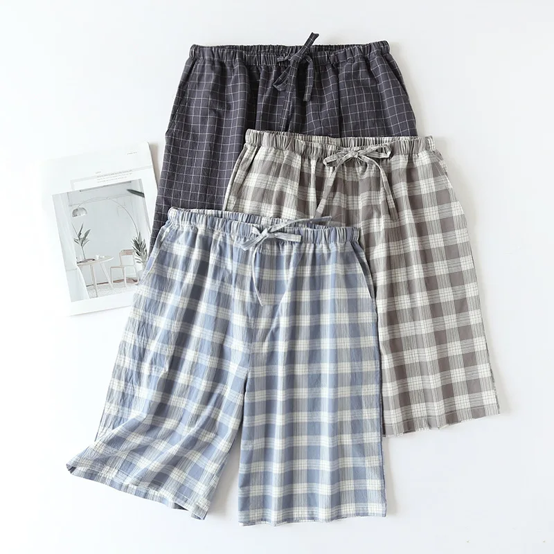 Sommer lässig 100% Baumwolle Herren Plaid Nachtwäsche Shorts lose dünne Schlaf hose Homewear atmungsaktive männliche Lounge Schlaf hosen