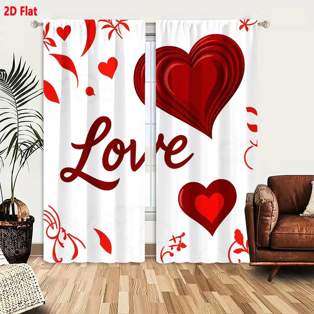 2Pcs Curtains Romantic Love Design With Red Hearts And Floral Motifs On White Background Window Drapes for Bedroom Room Decor De