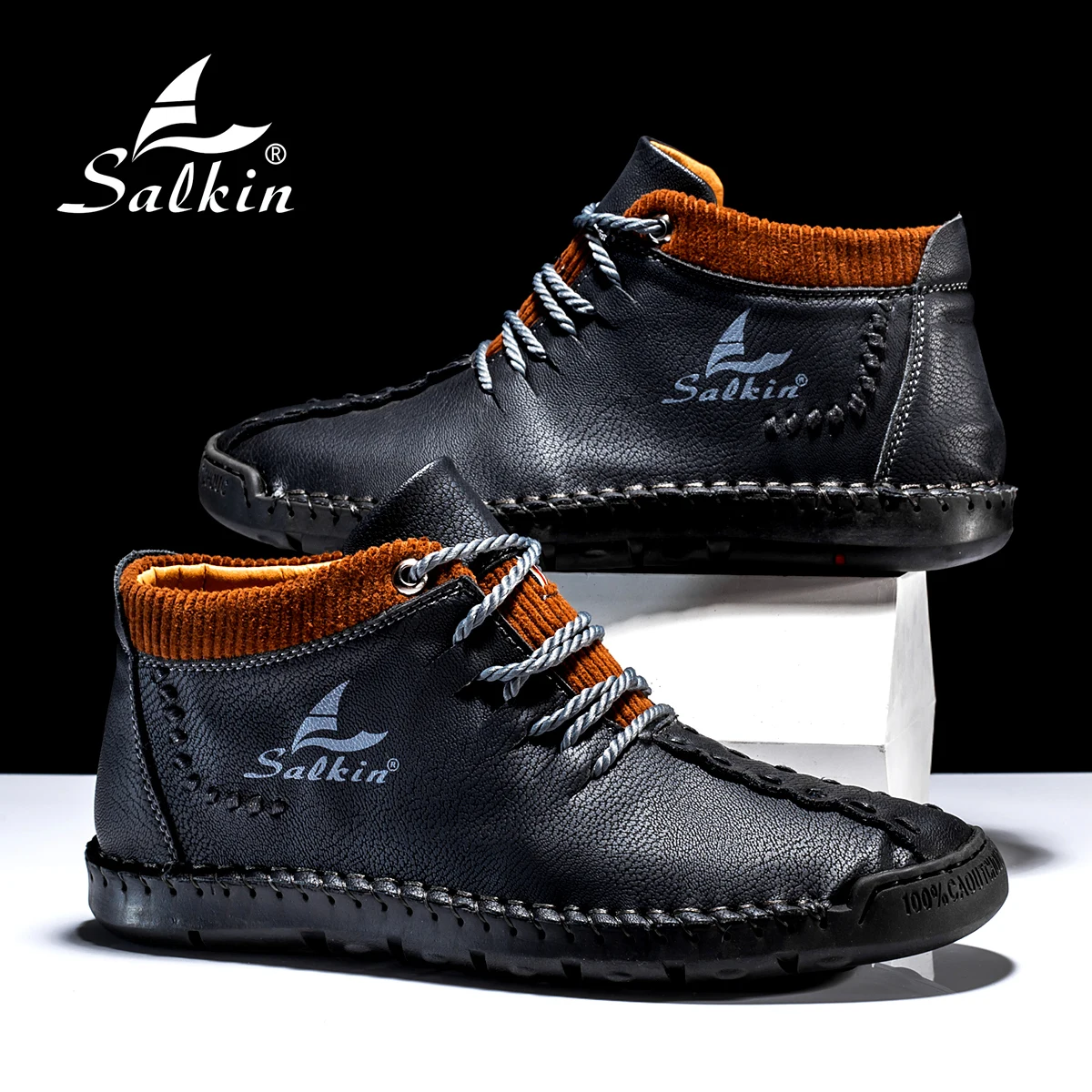 Salkin Men\'s Fashion Vintage Hand Stitching Soft Business Casual Leather Ankle Boots Handmade Shoes