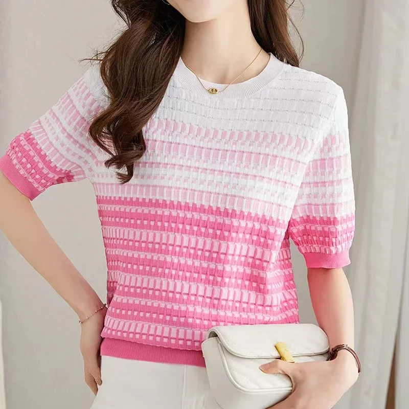 

Plaid Knitted Tops Women O Neck Loose T Shirt Female Short Sleeve Tshirts Korean Fashion Womens Clothing Tee Shirt Femme XQ389