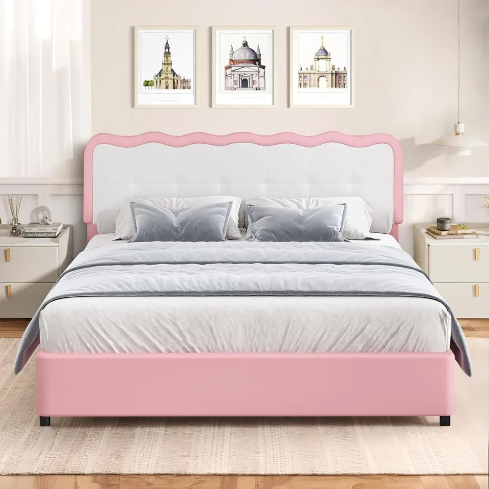 

Queen Size Boucle Bed Frame, Upholstered Platform Bed with Cloud Headboard, Anti-Collision Soft Rounded Corners, No Box Spring R