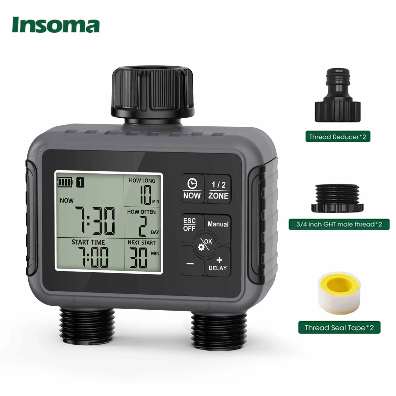 Minuteur d'arrosage Insoma 2 zones IPX5 avec fonction de report de pluie, contrôleur d'irrigation économe en eau pour pelouse, jardin et systèmes goutte-à-goutte