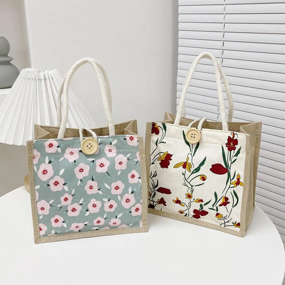 Japanese Style  Handbag for Xmas Casual Linen Canvas Gift Bag Fashion Flower Print Shopping Bag Women Girl Handbag Portable