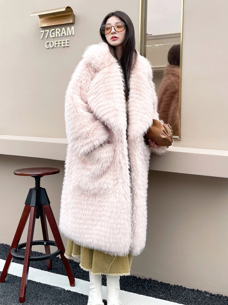 

winter new Environmentally friendly Finnish fox fur long loose collar pink fur coat for women's warm large pocket coat 2024