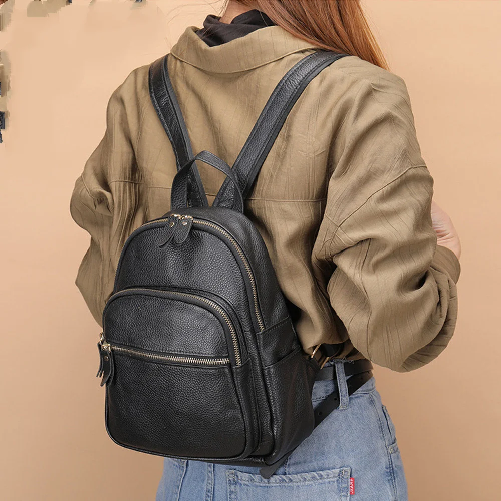 

Women's Mini Genuine Leather Backpack Pebbled Leather Small Casual Daypack with Multi Zipper Pockets for Travel & Daily Wear