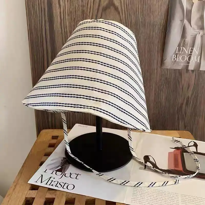 

French Style Women's Summer Wide Brim Sun Hat Outdoor Travel Sunshade Cap Sunscreen Sunshade Beach Sunhat Breathable Stripe Caps