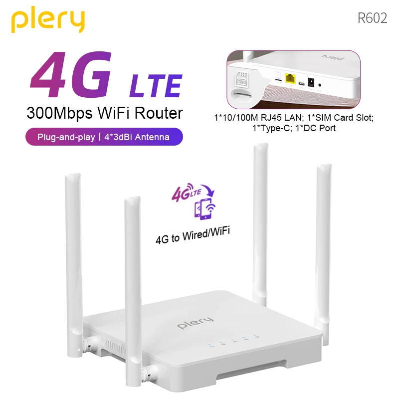 

Plery 4G Lte Router WiFi6 Router 300Mbps 4G WiFi Modem Compatible SIM Card Hotspot Booster Power Signal Extender Wireless Router