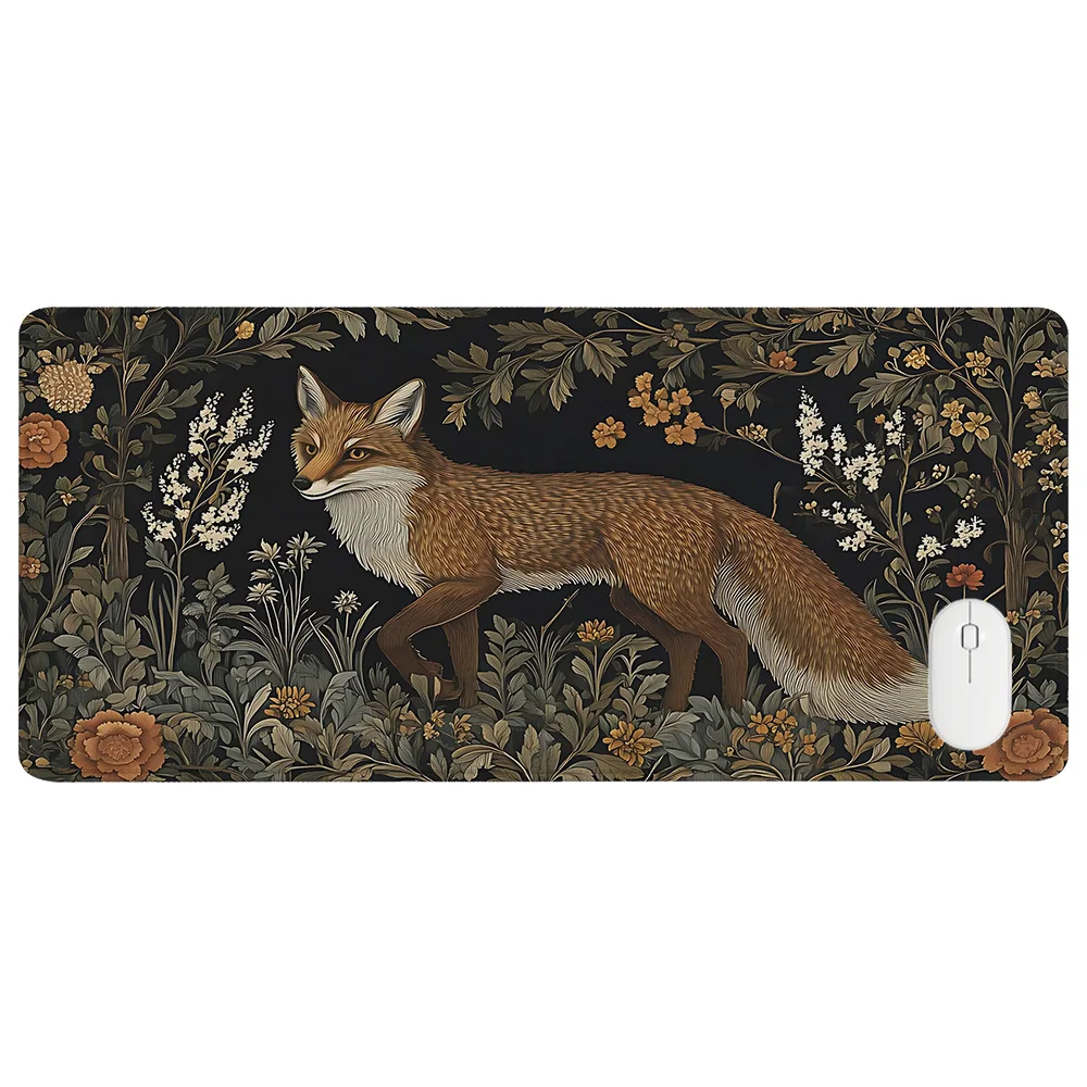 Red Fox Tapestry Desk Mat Medieval Castle Decor Topper Renaissance Wall Hanging Mouse Pad Cottagecore Mousepad Wild Woods Floral