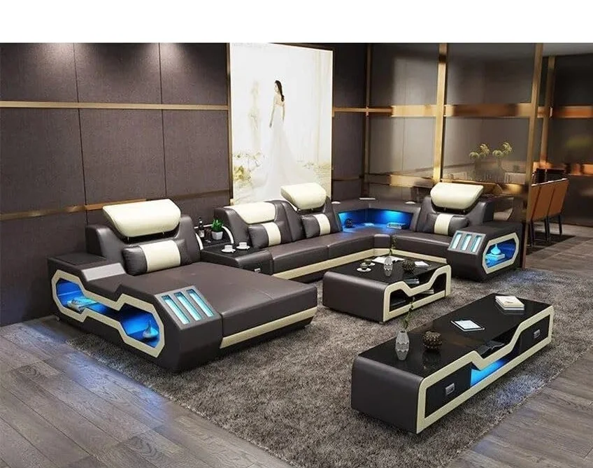 mz-Wholesalers U Shape Smart USB Leather Sofa Music Player Sectional LED Couch Storage Living Room Sofa Set~