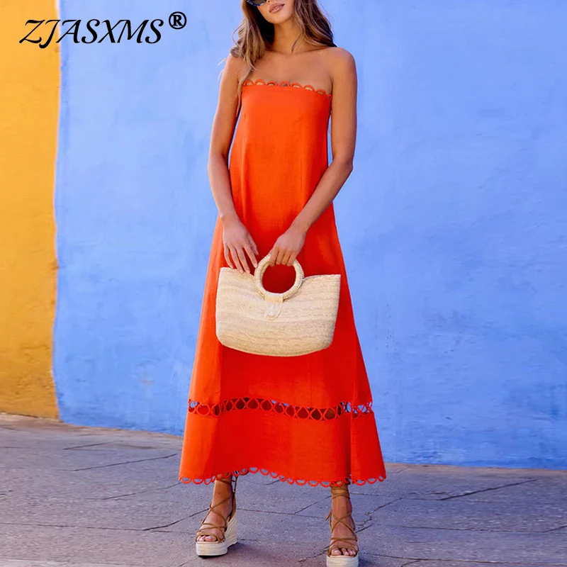 

2024, весна-лето, сексуальное женское платье без рукавов, новая мода, кружевное повседневное платье без бретелек, праздничное однотонное длинное платье трапециевидной формы с открытой спиной