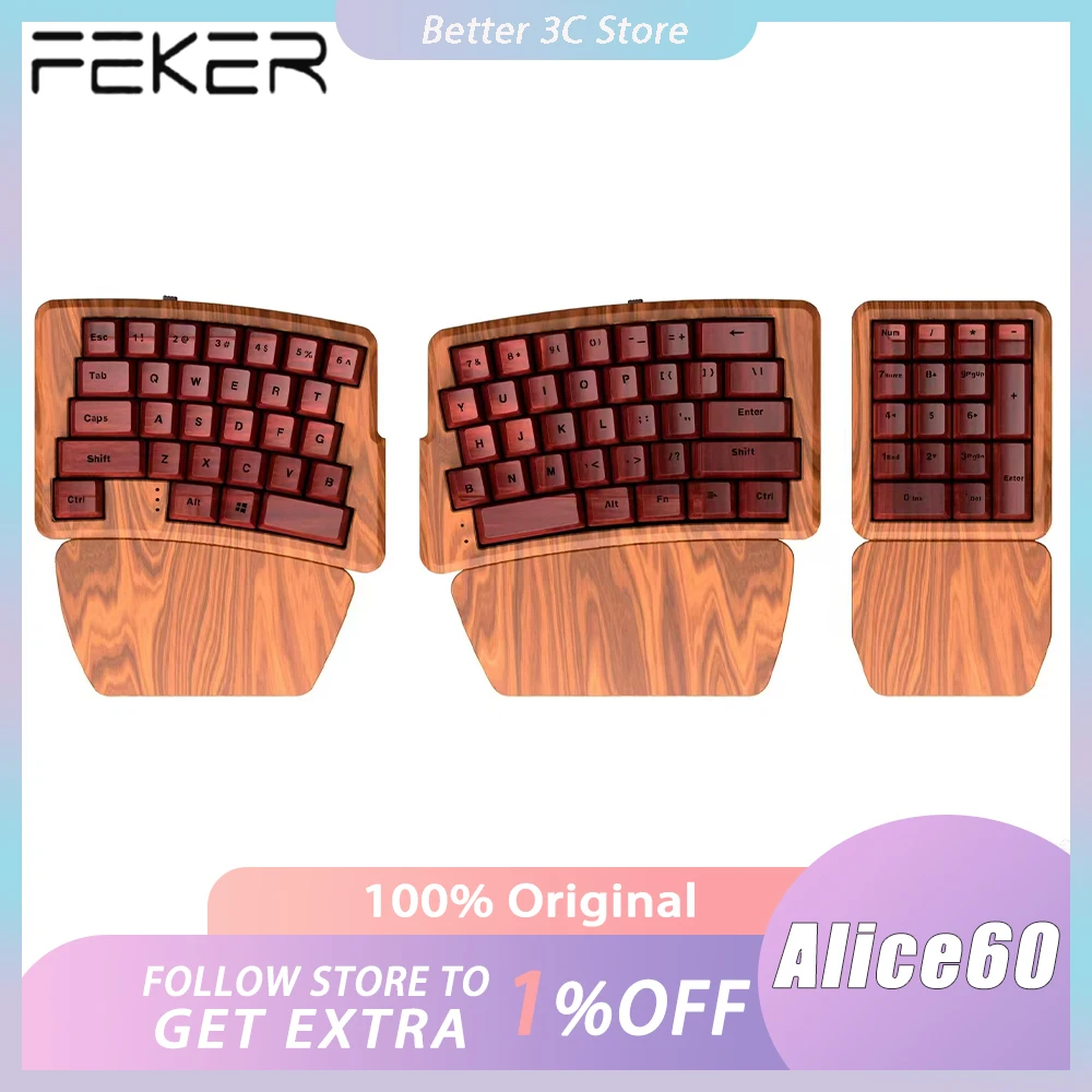 FEKER Alice60 Split Mechanical Keyboard Three Mode RGB Backlight Rosewood Wireless Gaming Keyboard Magnetic Attraction PC Gamer