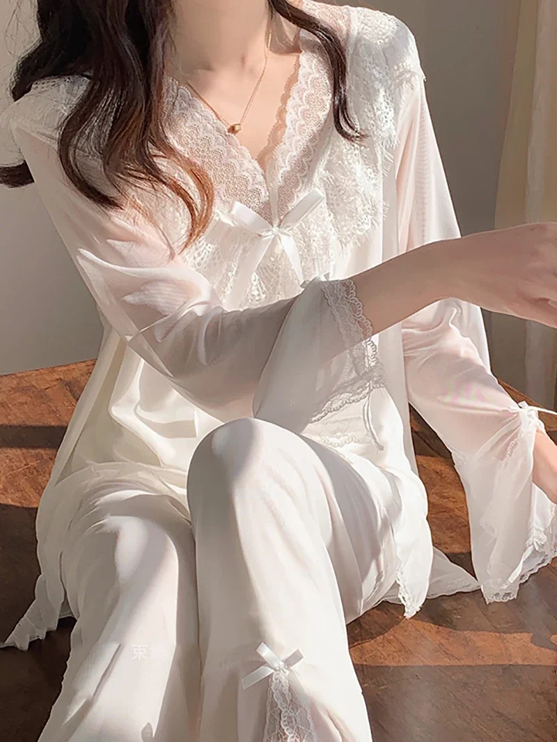 Korean Lolita Lace Mesh Pajamas Loungewear Women Long Sleeve Vintage Princess Retro Sexy Two Piece Suit Sexy Victorian Sleepwear