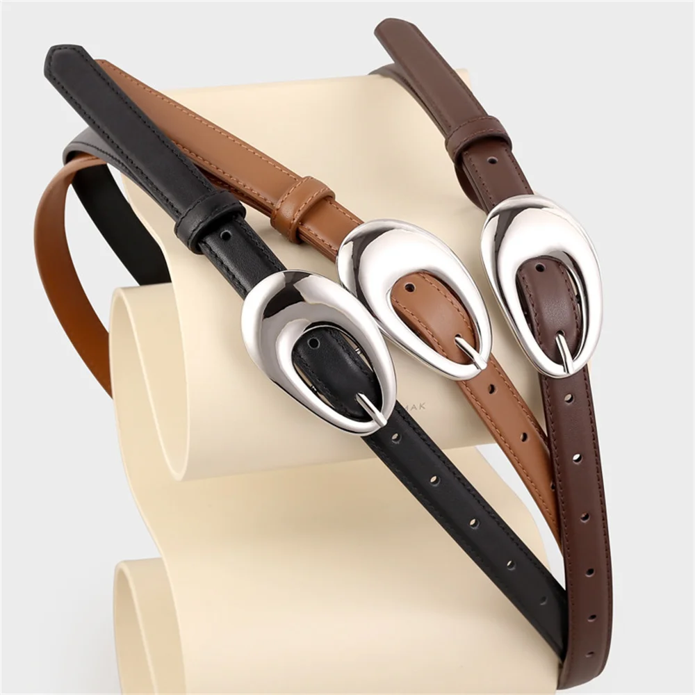 Korean Style Belt for Women Oval Design Buckle Genuine Leather Belt Simple Slim Adjutable Waistbelt Autumn Winter Belts