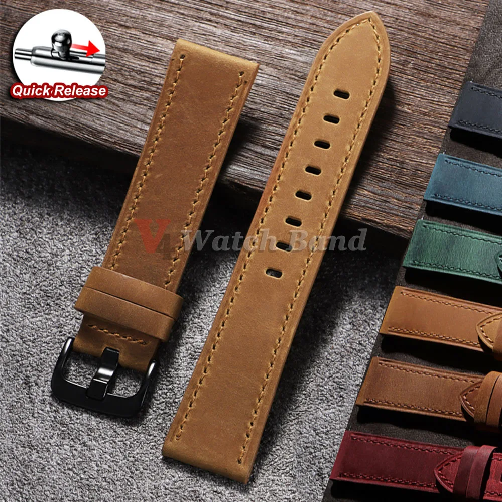 18mm 20mm 22mm 24mm Leather Watch Strap Quick Release Universal Cowhide Watchbelt Vintage Black Blue Brown Watchband Accessories