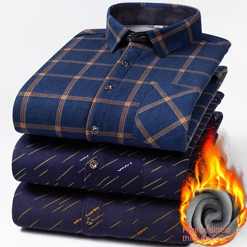 2025 New in Fleece Lining Men's Double-sided Velvet Autumn Winter Plaid  Long-sleeved Shirt Winter Middle-aged and Elderly Shirt