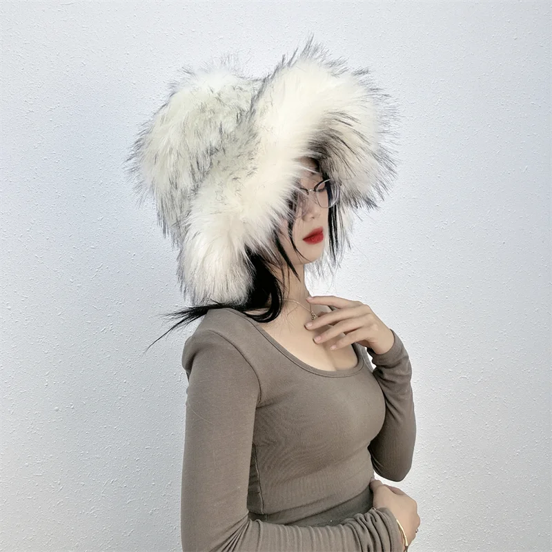 Sombrero de piel sintética Y2K para mujer, gorros de piel de mapache de lujo, sombrero de piel peluda, gorra de esquí rusa para exteriores, moda de invierno, 2023