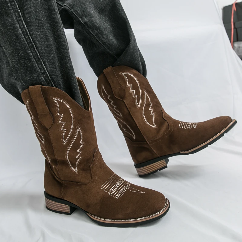 

Men High Top Western Cowboy Boots with Suede Square Toe Low Heel Fashionable Retro Embroidery Classic Men Boots